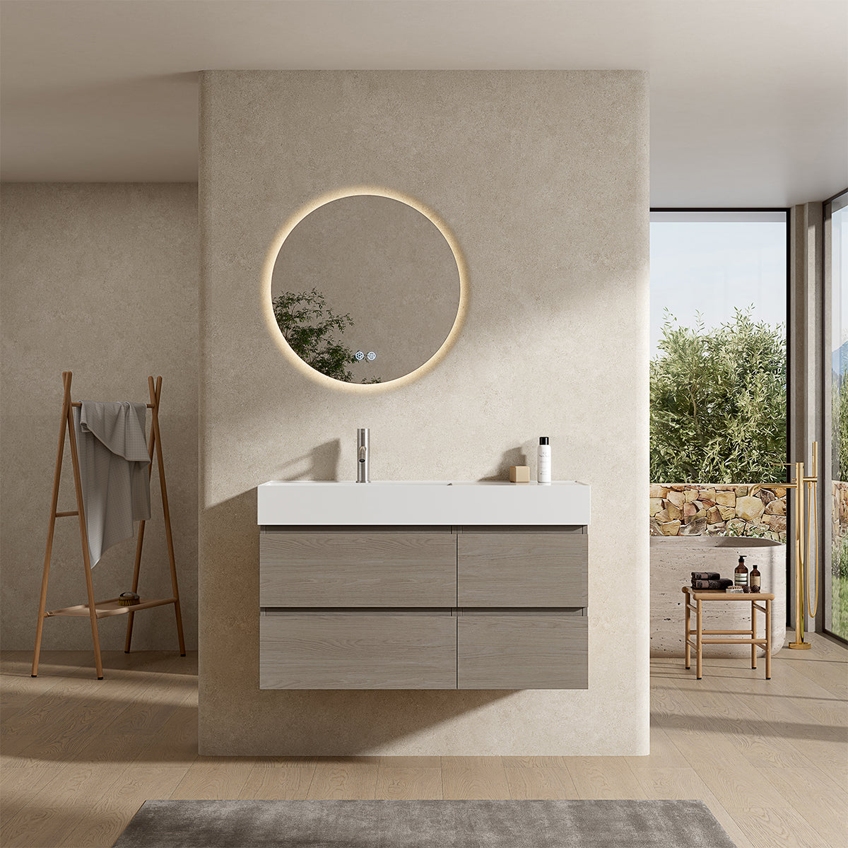 Mobile bagno sospeso 100 cm Beige Lavabo a Sinistra in Resina Specchio Tondo Retroilluminato - Fiji Wood