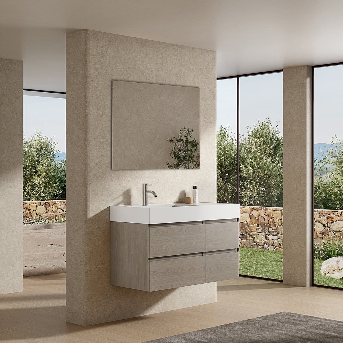 Mobile bagno sospeso 100 cm Beige Lavabo a Sinistra in Resina Specchio Quadro - Fiji Wood