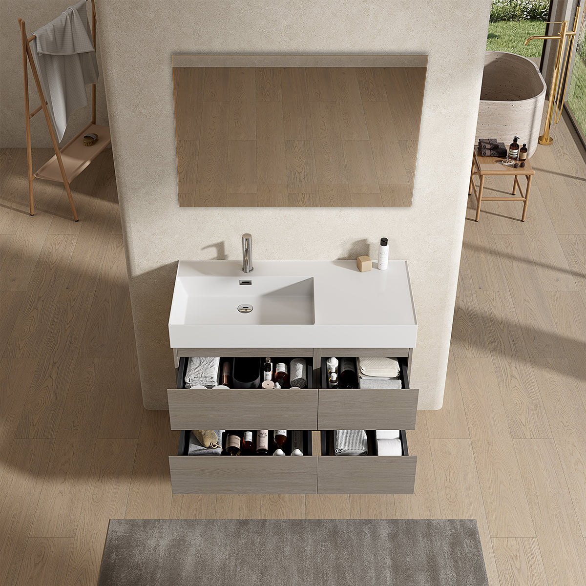 Mobile bagno sospeso 100 cm Beige Lavabo a Sinistra in Resina Specchio Quadro - Fiji Wood