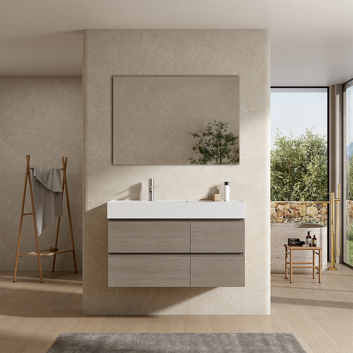 Mobile bagno sospeso 100 cm Beige Lavabo a Sinistra in Resina Specchio Quadro - Fiji Wood
