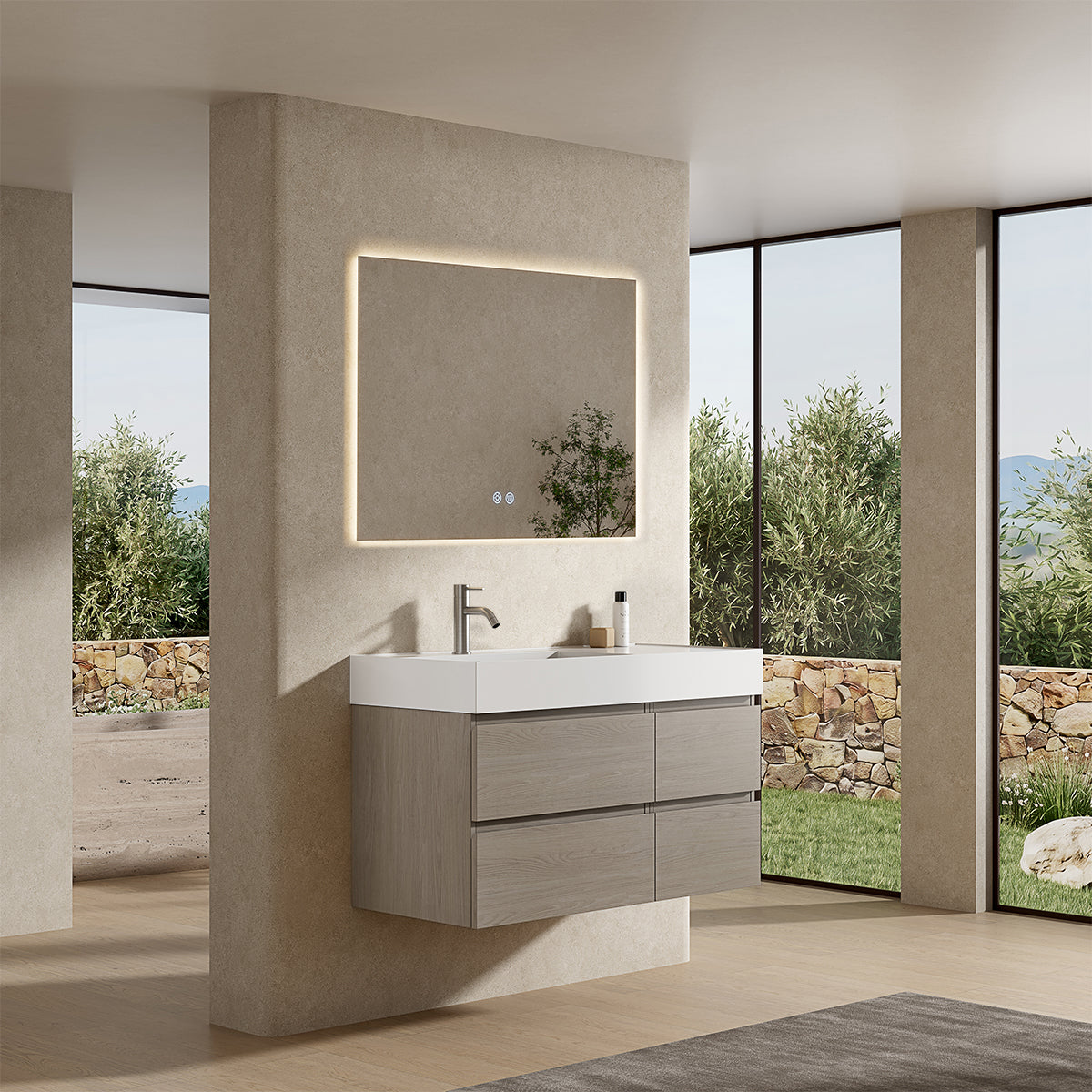 Mobile bagno sospeso 100 cm Beige Lavabo a Sinistra in Resina Specchio Quadro Retroilluminato - Fiji Wood