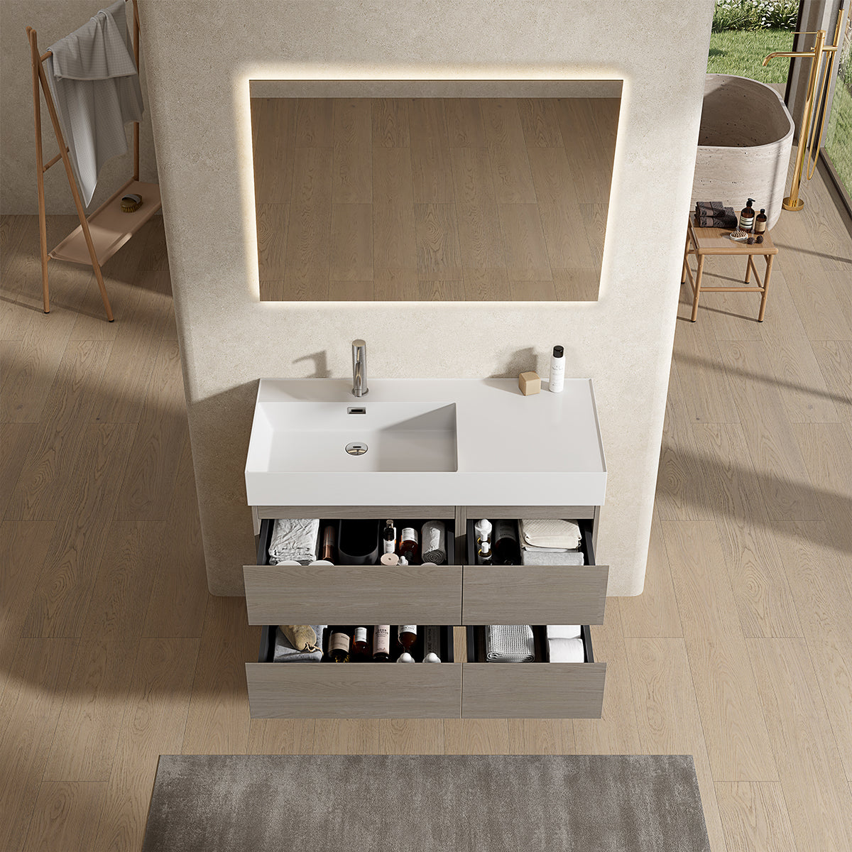 Mobile bagno sospeso 100 cm Beige Lavabo a Sinistra in Resina Specchio Quadro Retroilluminato - Fiji Wood