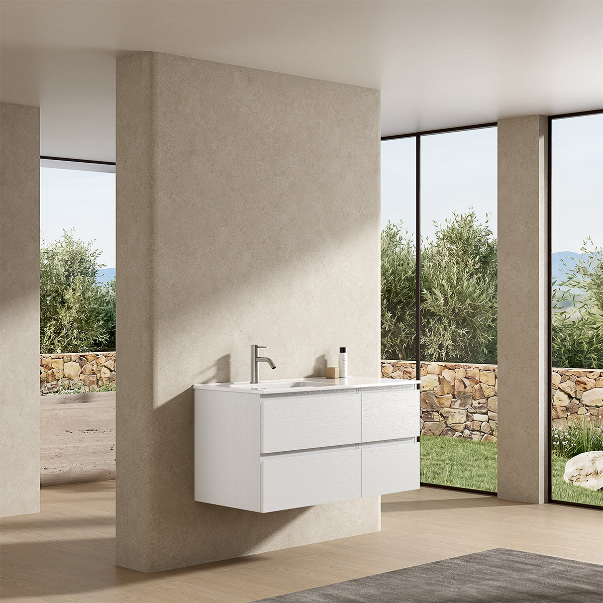 Mobile bagno sospeso 100 cm Bianco Lavabo a Sinistra in Ceramica Senza Specchio - Fiji Wood