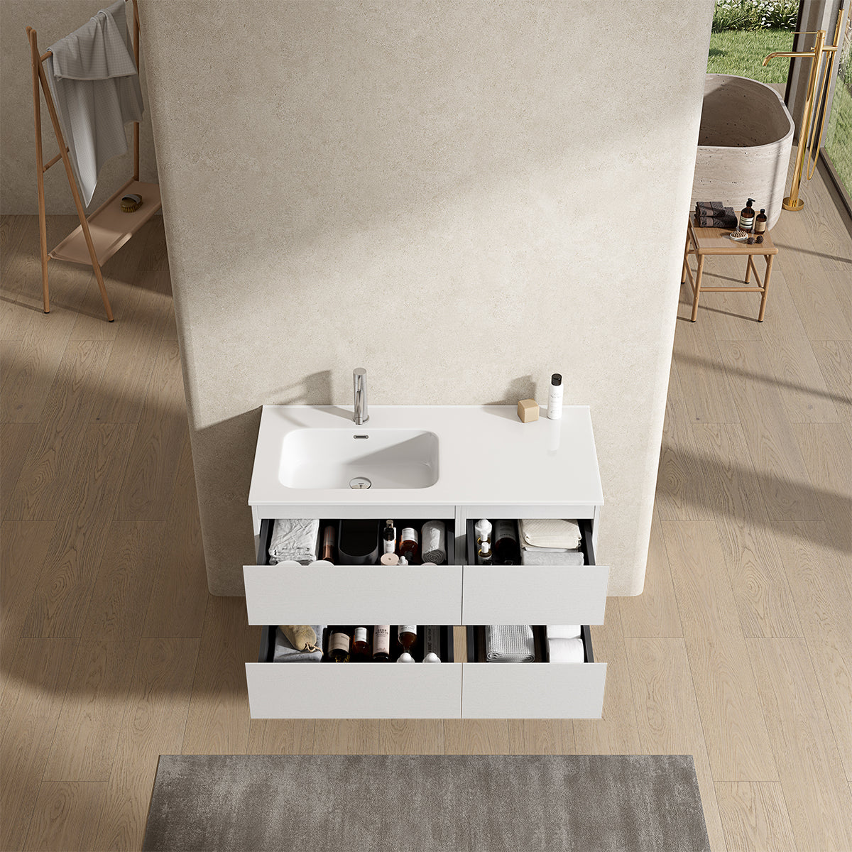 Mobile bagno sospeso 100 cm Bianco Lavabo a Sinistra in Ceramica Senza Specchio - Fiji Wood