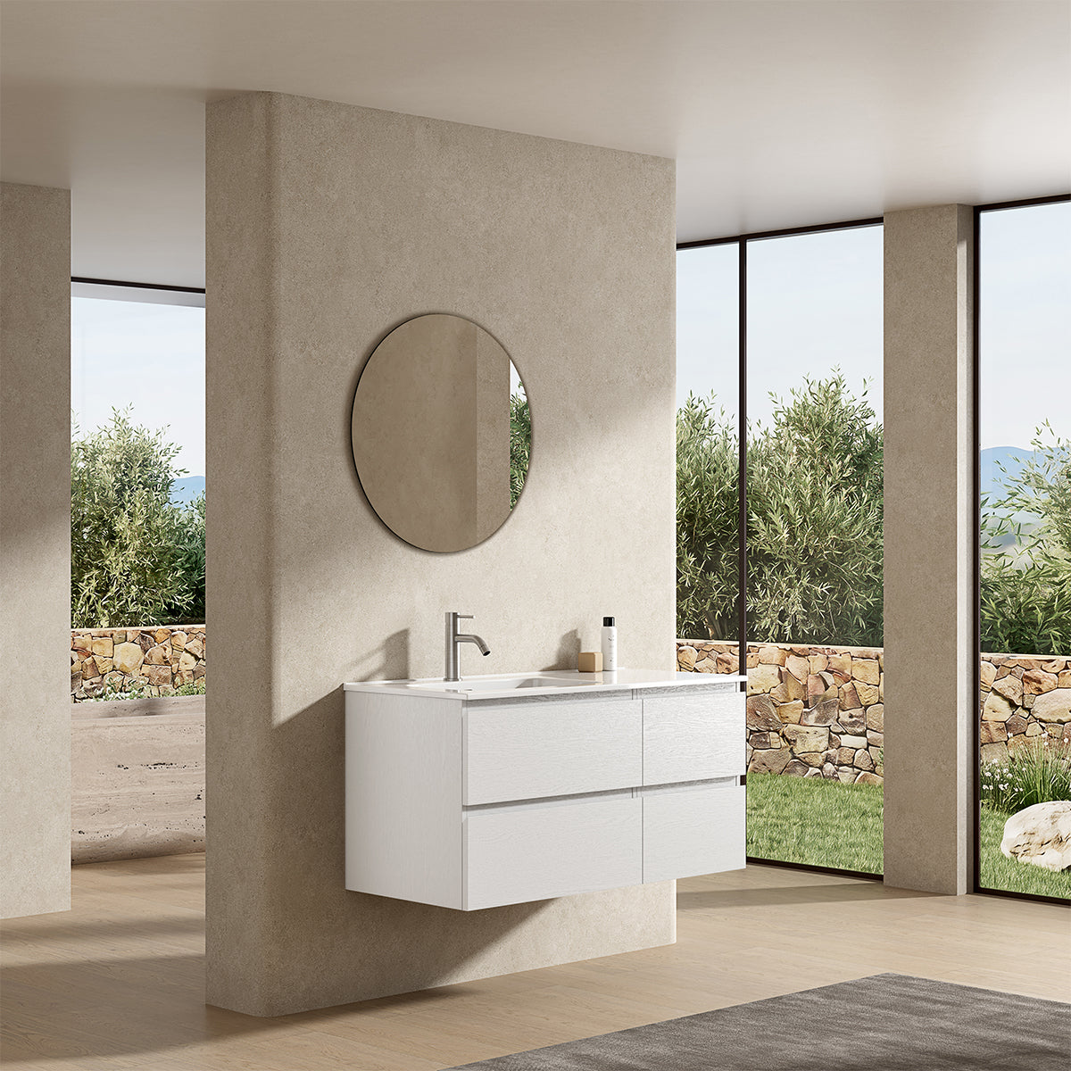 Mobile bagno sospeso 100 cm Bianco Lavabo a Sinistra in Ceramica Specchio Tondo - Fiji Wood