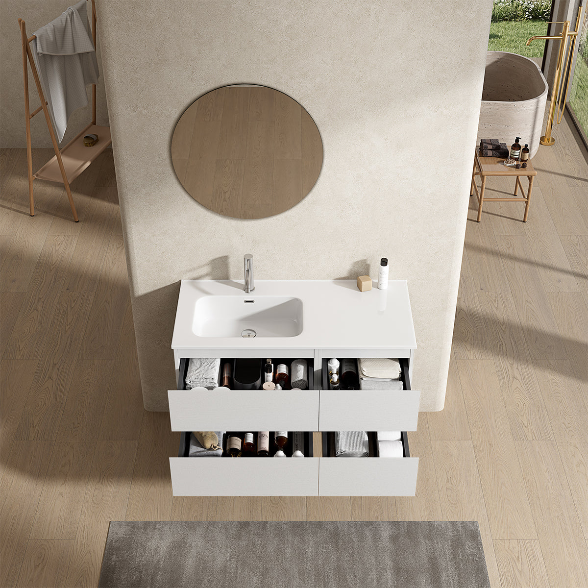 Mobile bagno sospeso 100 cm Bianco Lavabo a Sinistra in Ceramica Specchio Tondo - Fiji Wood