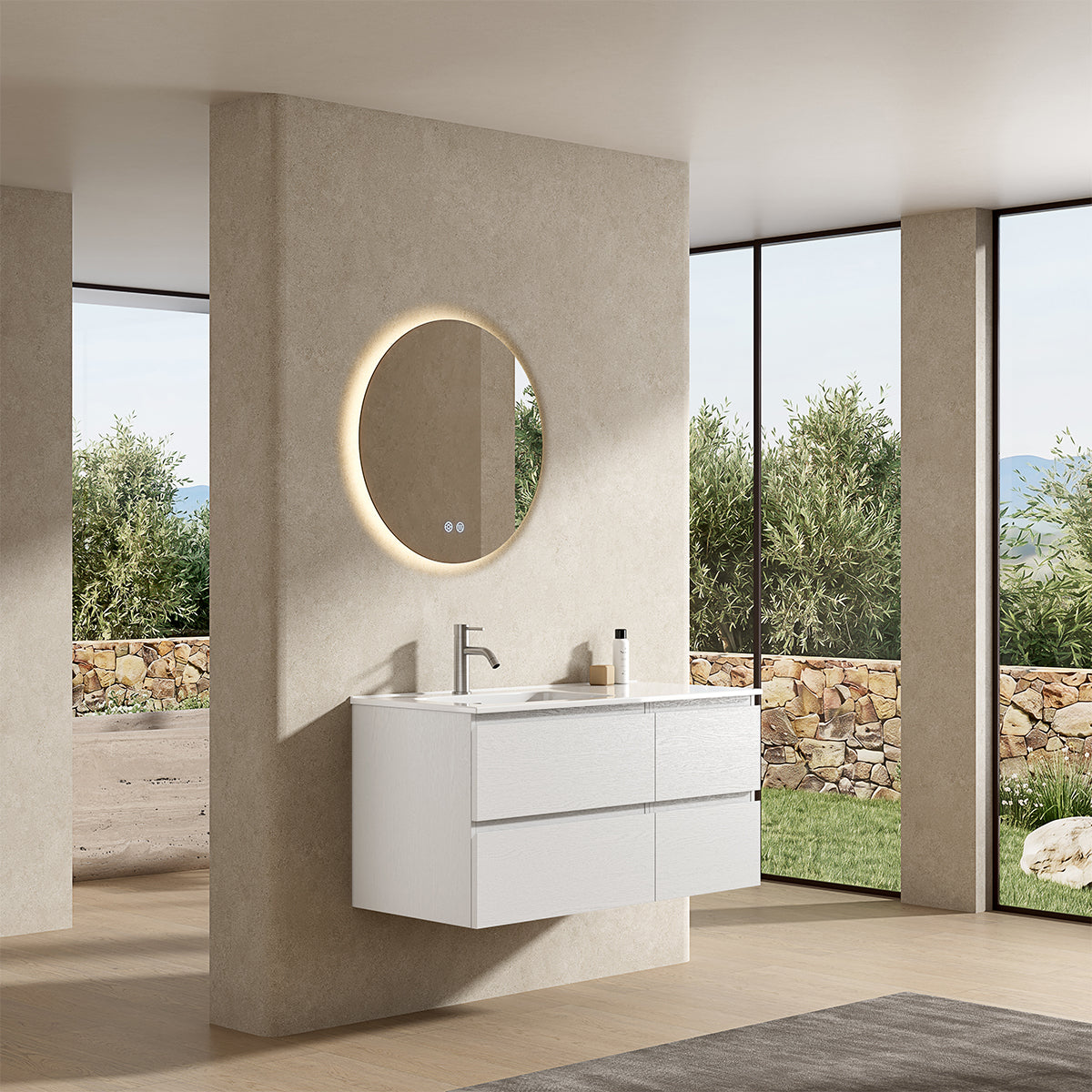 Mobile bagno sospeso 100 cm Bianco Lavabo a Sinistra in Ceramica Specchio Tondo Retroilluminato - Fiji Wood