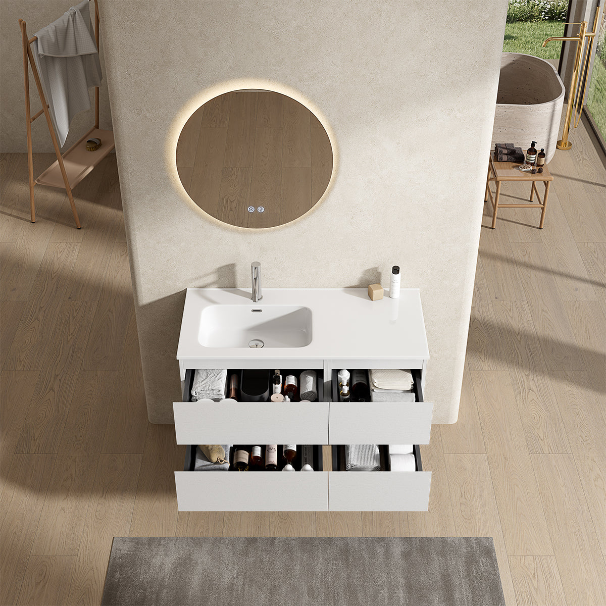 Mobile bagno sospeso 100 cm Bianco Lavabo a Sinistra in Ceramica Specchio Tondo Retroilluminato - Fiji Wood