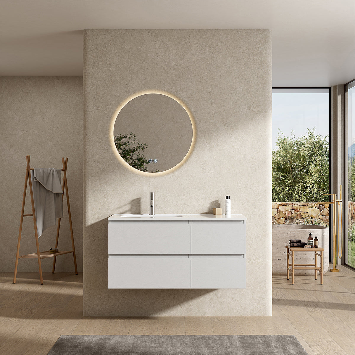 Mobile bagno sospeso 100 cm Bianco Lavabo a Sinistra in Ceramica Specchio Tondo Retroilluminato - Fiji Wood