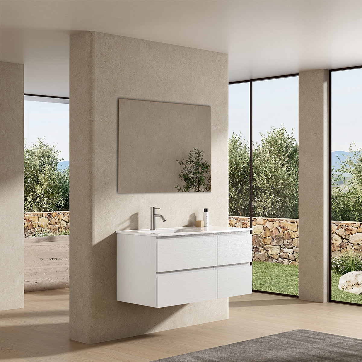 Mobile bagno sospeso 100 cm Bianco Lavabo a Sinistra in Ceramica Specchio Quadro - Fiji Wood