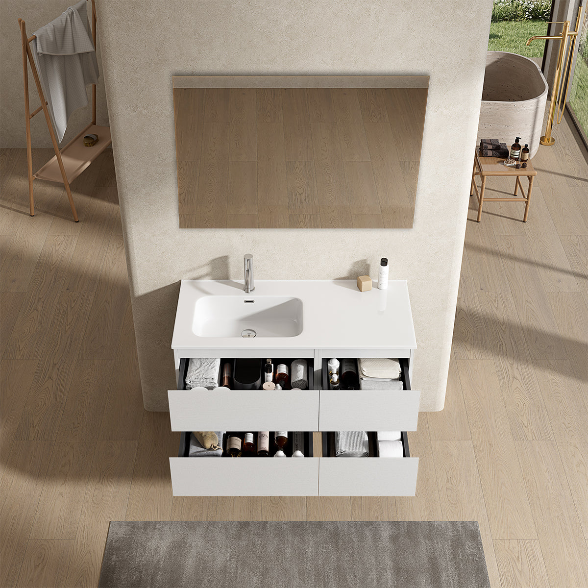 Mobile bagno sospeso 100 cm Bianco Lavabo a Sinistra in Ceramica Specchio Quadro - Fiji Wood