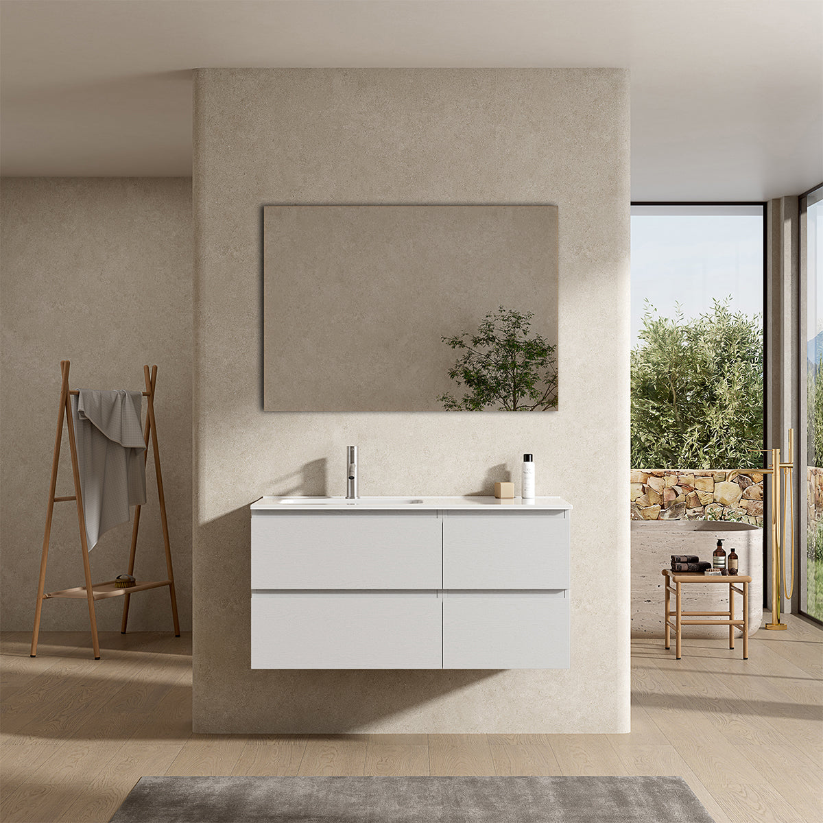Mobile bagno sospeso 100 cm Bianco Lavabo a Sinistra in Ceramica Specchio Quadro - Fiji Wood