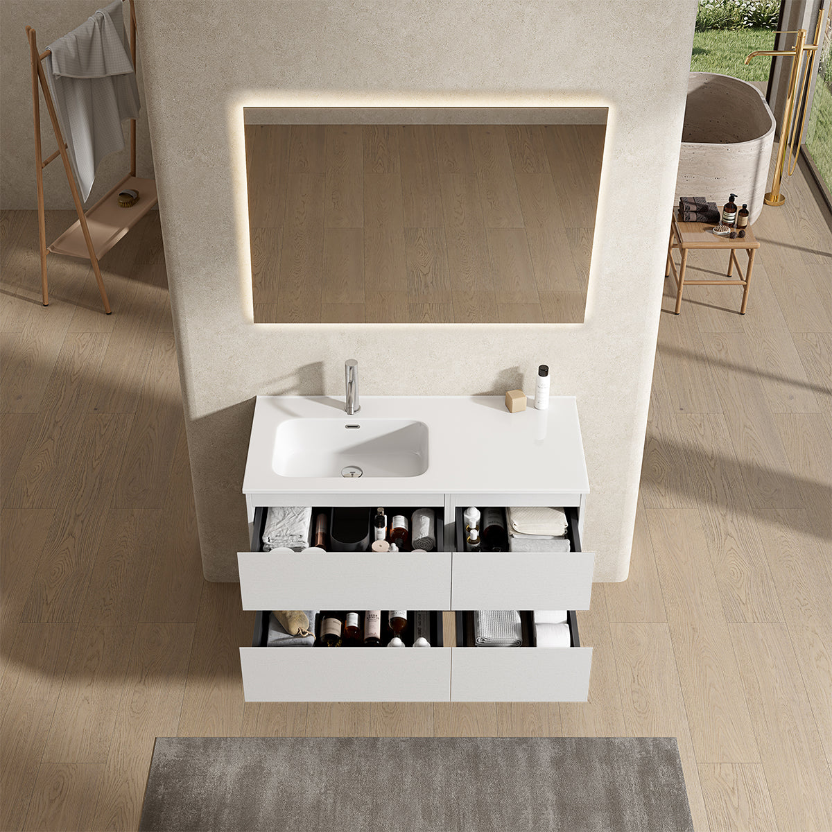 Mobile bagno sospeso 100 cm Bianco Lavabo a Sinistra in Ceramica Specchio Quadro Retroilluminato - Fiji Wood