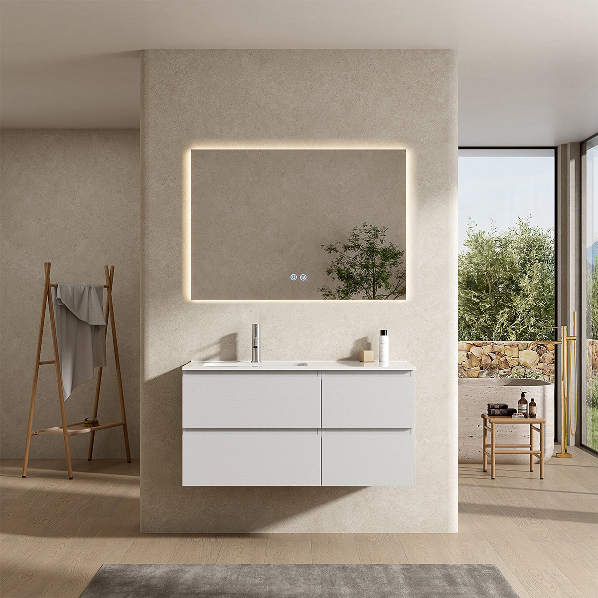 Mobile bagno sospeso 100 cm Bianco Lavabo a Sinistra in Ceramica Specchio Quadro Retroilluminato - Fiji Wood