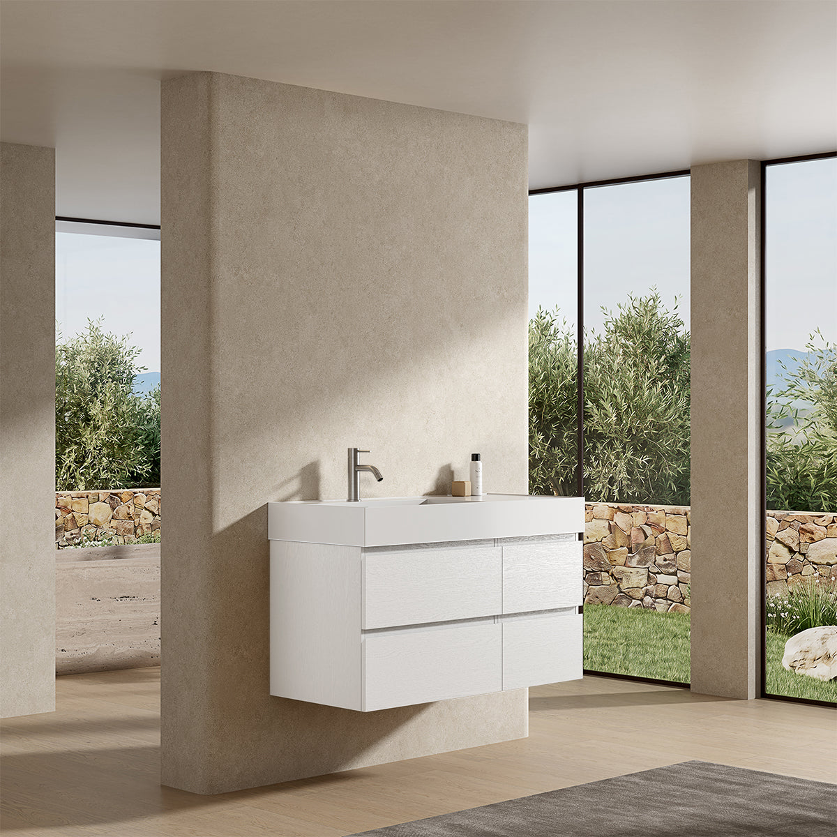 Mobile bagno sospeso 100 cm Bianco Lavabo a Sinistra in Resina Senza Specchio - Fiji Wood
