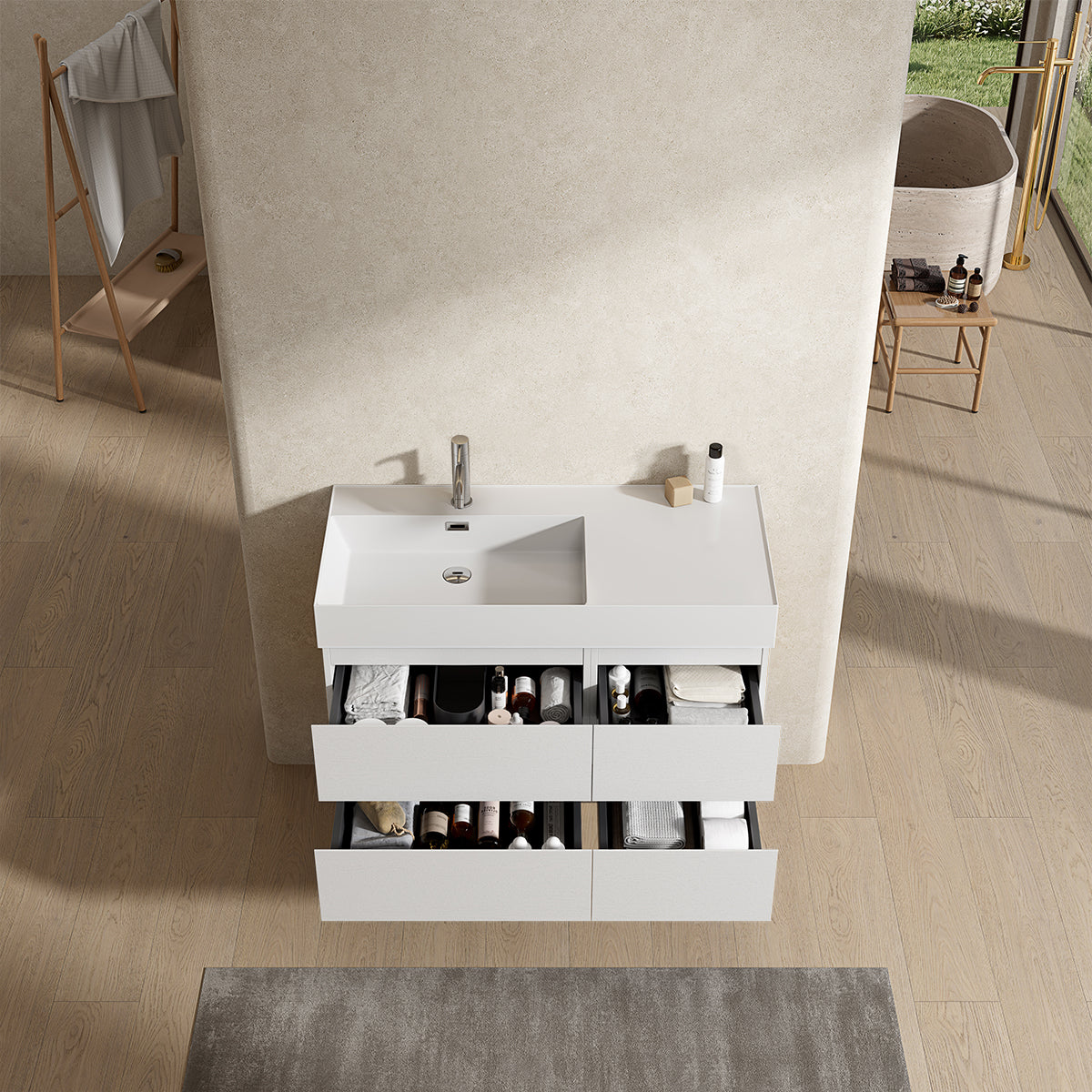 Mobile bagno sospeso 100 cm Bianco Lavabo a Sinistra in Resina Senza Specchio - Fiji Wood