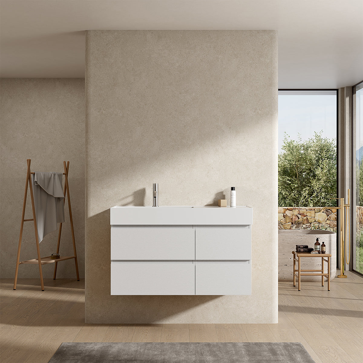 Mobile bagno sospeso 100 cm Bianco Lavabo a Sinistra in Resina Senza Specchio - Fiji Wood