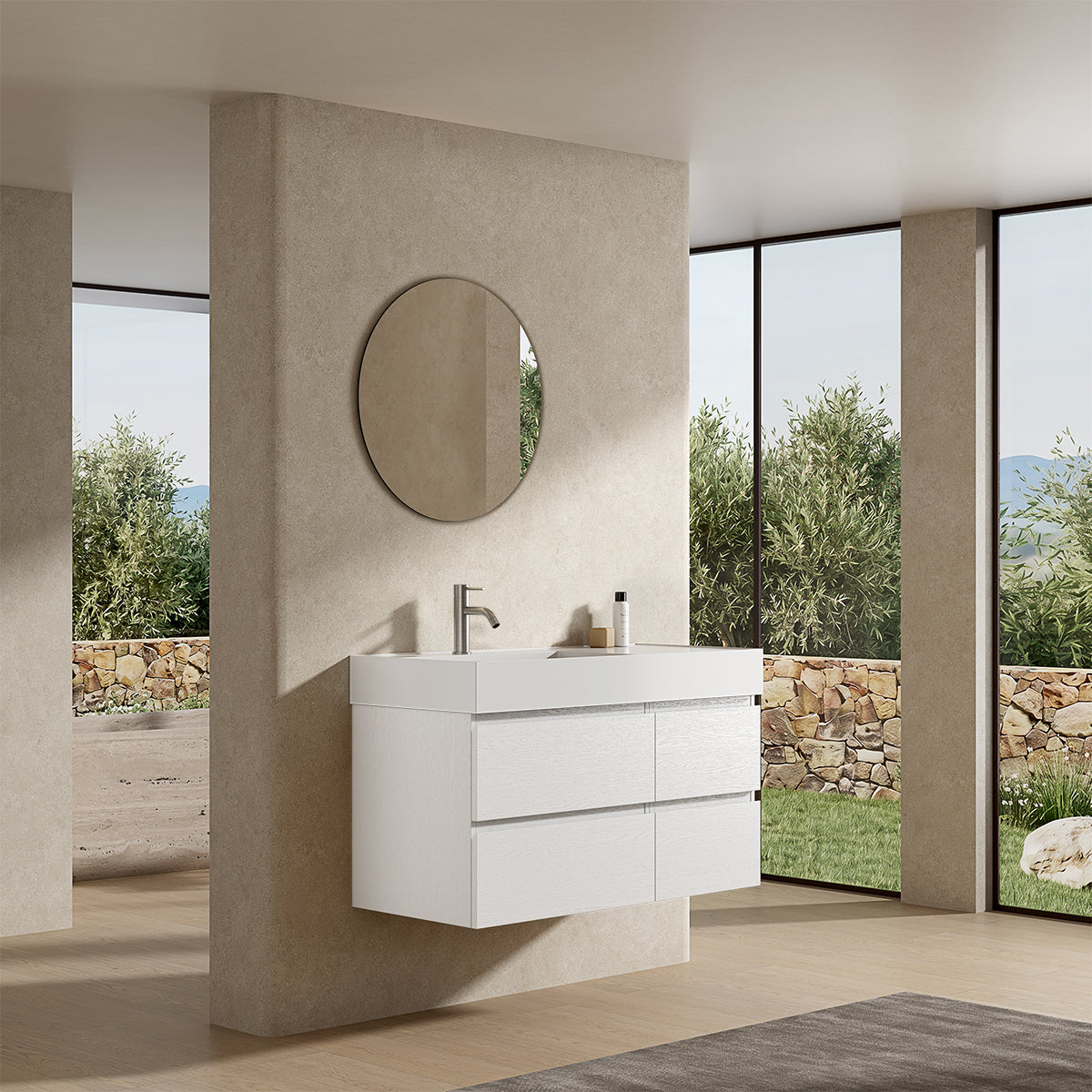 Mobile bagno sospeso 100 cm Bianco Lavabo a Sinistra in Resina Specchio Tondo - Fiji Wood