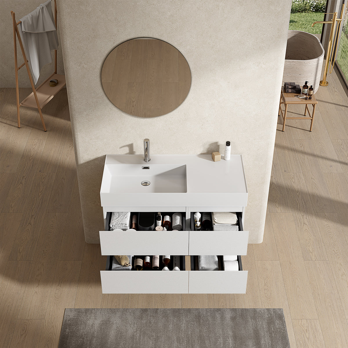 Mobile bagno sospeso 100 cm Bianco Lavabo a Sinistra in Resina Specchio Tondo - Fiji Wood