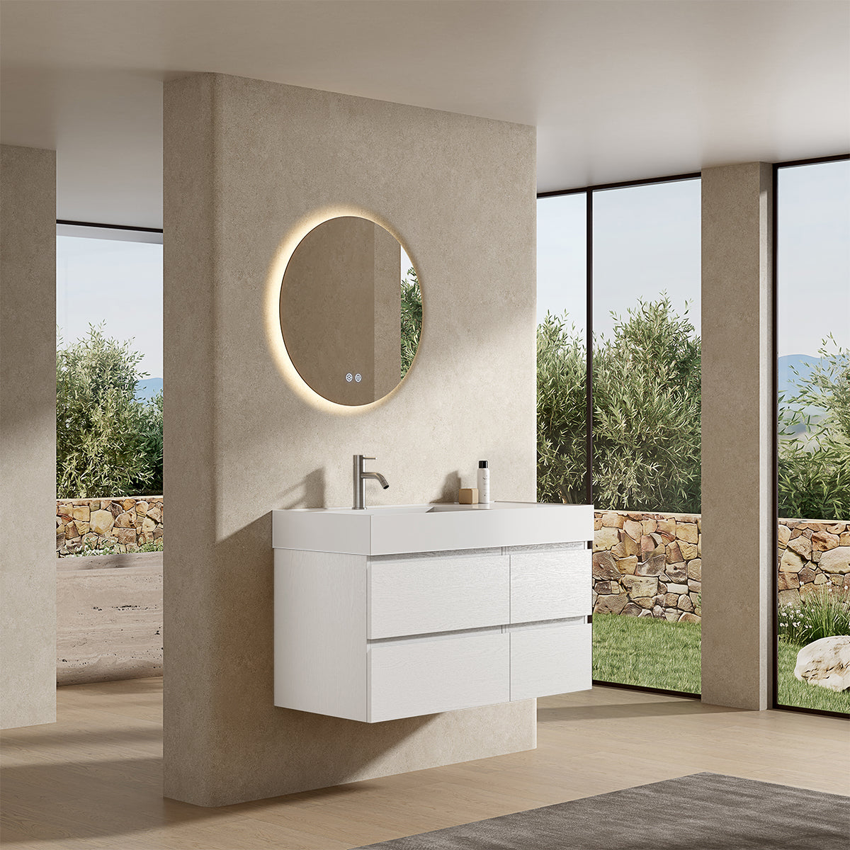 Mobile bagno sospeso 100 cm Bianco Lavabo a Sinistra in Resina Specchio Tondo Retroilluminato - Fiji Wood