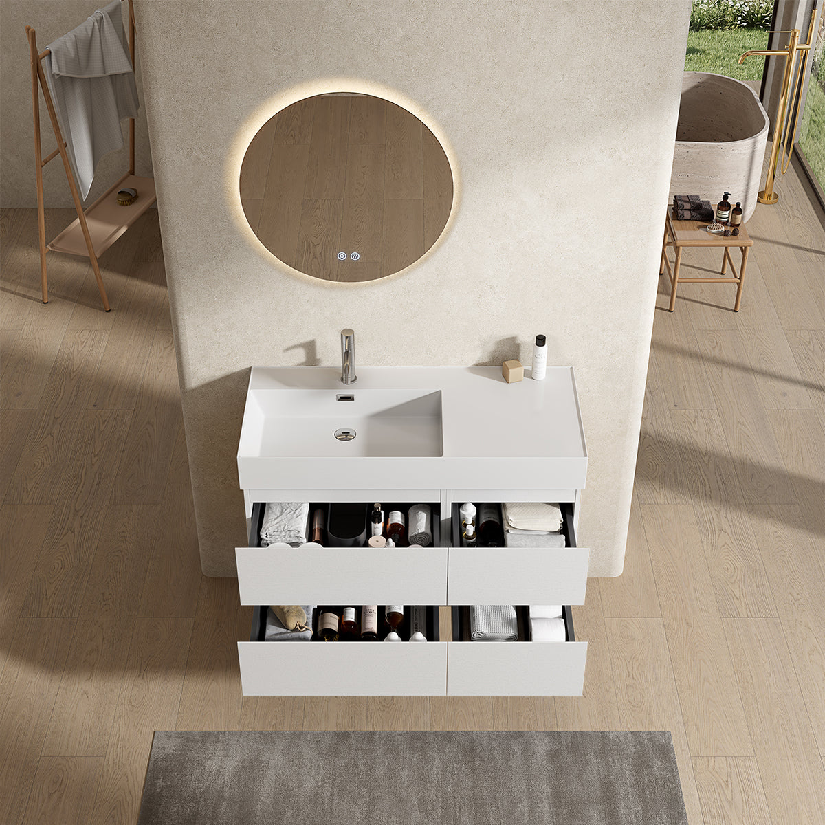 Mobile bagno sospeso 100 cm Bianco Lavabo a Sinistra in Resina Specchio Tondo Retroilluminato - Fiji Wood