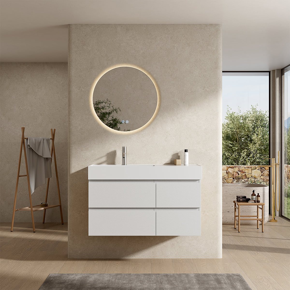 Mobile bagno sospeso 100 cm Bianco Lavabo a Sinistra in Resina Specchio Tondo Retroilluminato - Fiji Wood