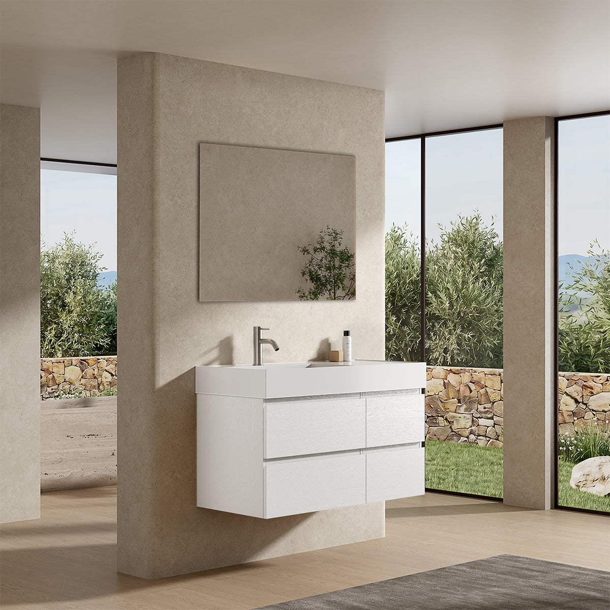 Mobile bagno sospeso 100 cm Bianco Lavabo a Sinistra in Resina Specchio Quadro - Fiji Wood