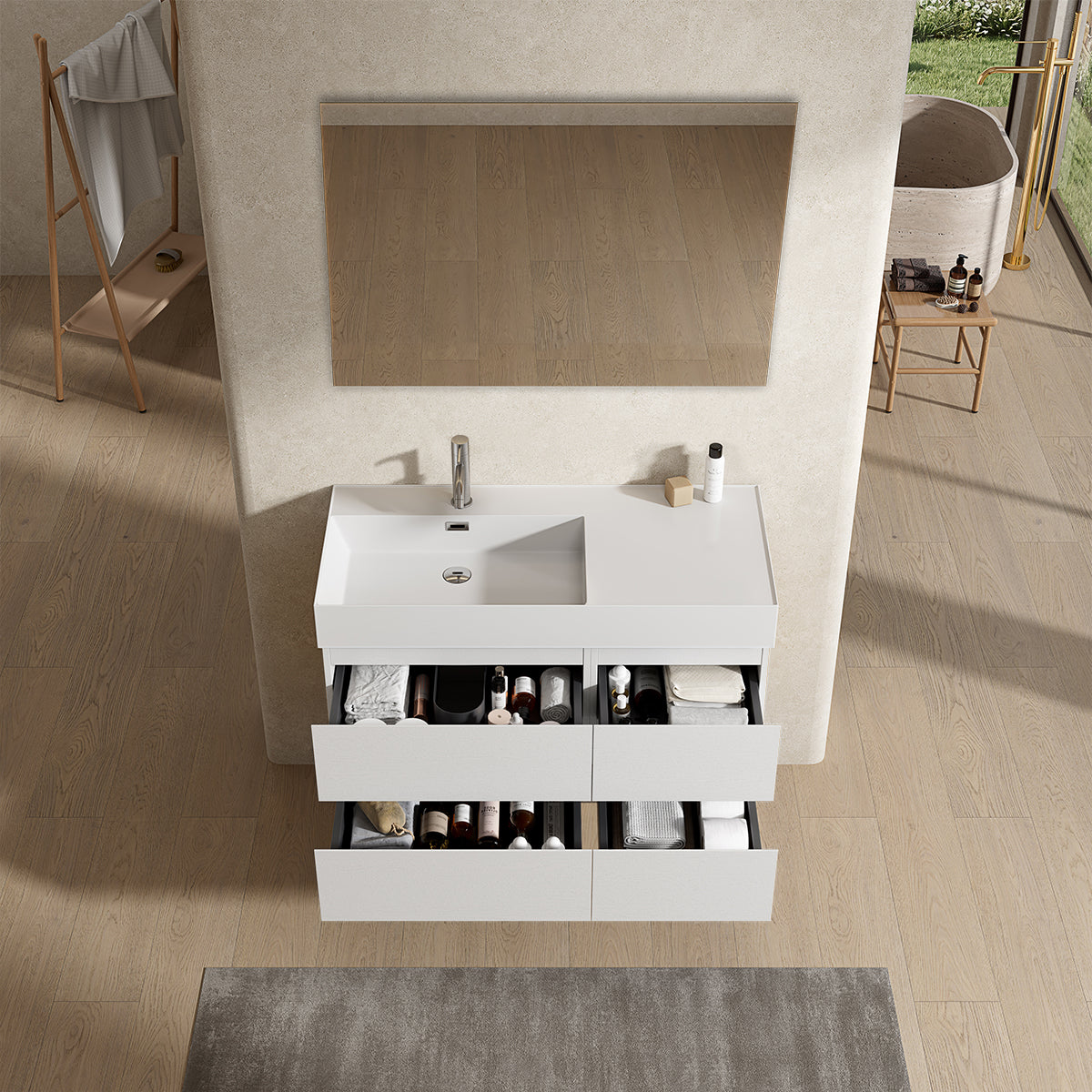 Mobile bagno sospeso 100 cm Bianco Lavabo a Sinistra in Resina Specchio Quadro - Fiji Wood