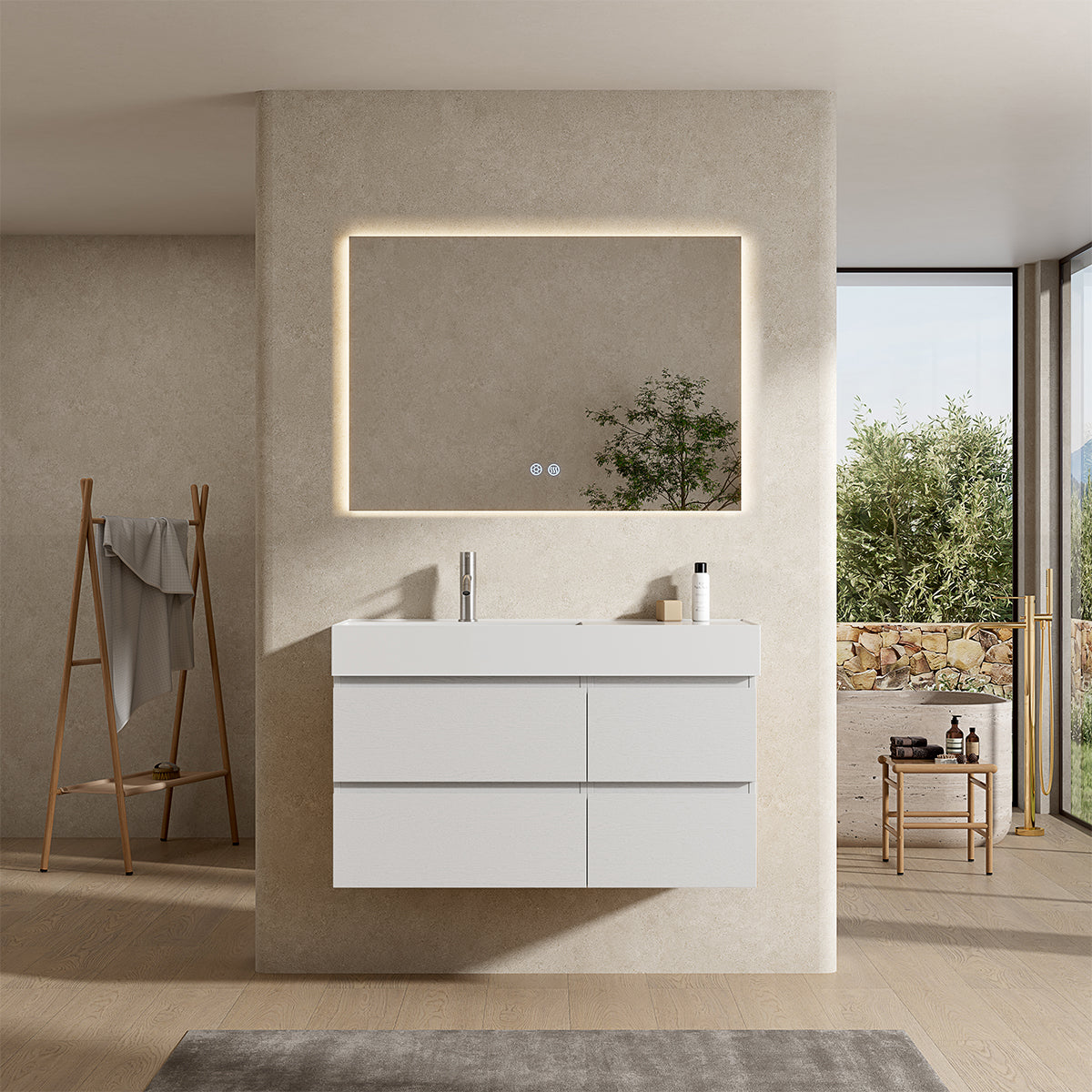 Mobile bagno sospeso 100 cm Bianco Lavabo a Sinistra in Resina Specchio Quadro Retroilluminato - Fiji Wood