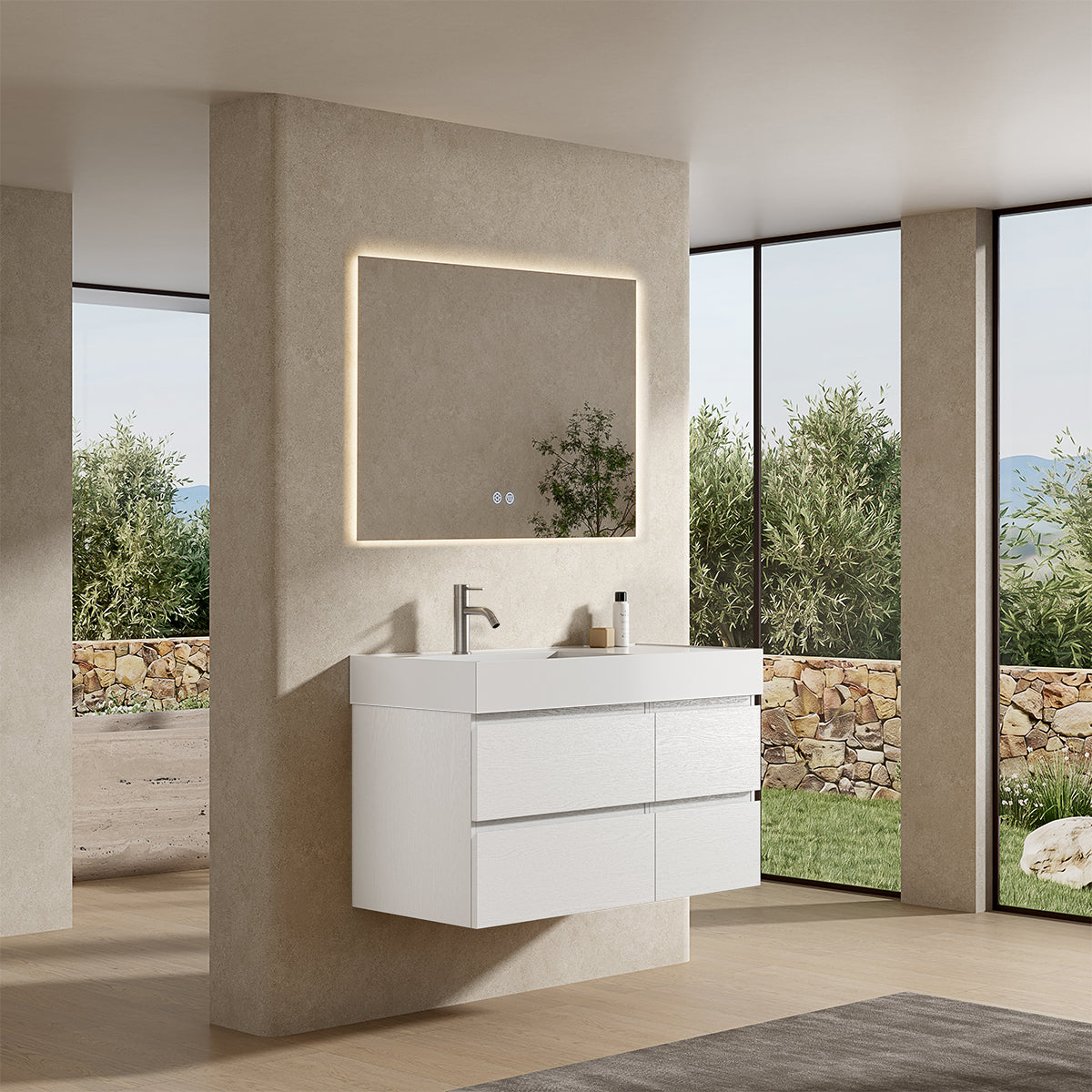 Mobile bagno sospeso 100 cm Bianco Lavabo a Sinistra in Resina Specchio Quadro Retroilluminato - Fiji Wood