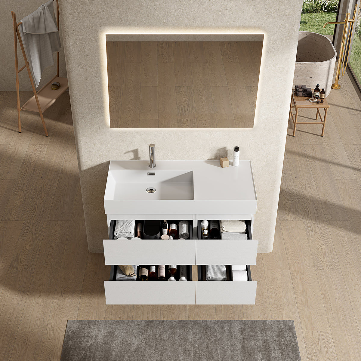 Mobile bagno sospeso 100 cm Bianco Lavabo a Sinistra in Resina Specchio Quadro Retroilluminato - Fiji Wood