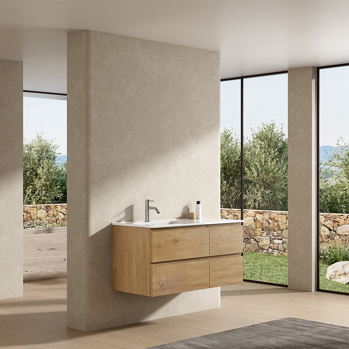 Mobile bagno sospeso 100 cm Bruno Medio Lavabo a Sinistra in Ceramica Senza Specchio - Fiji Wood