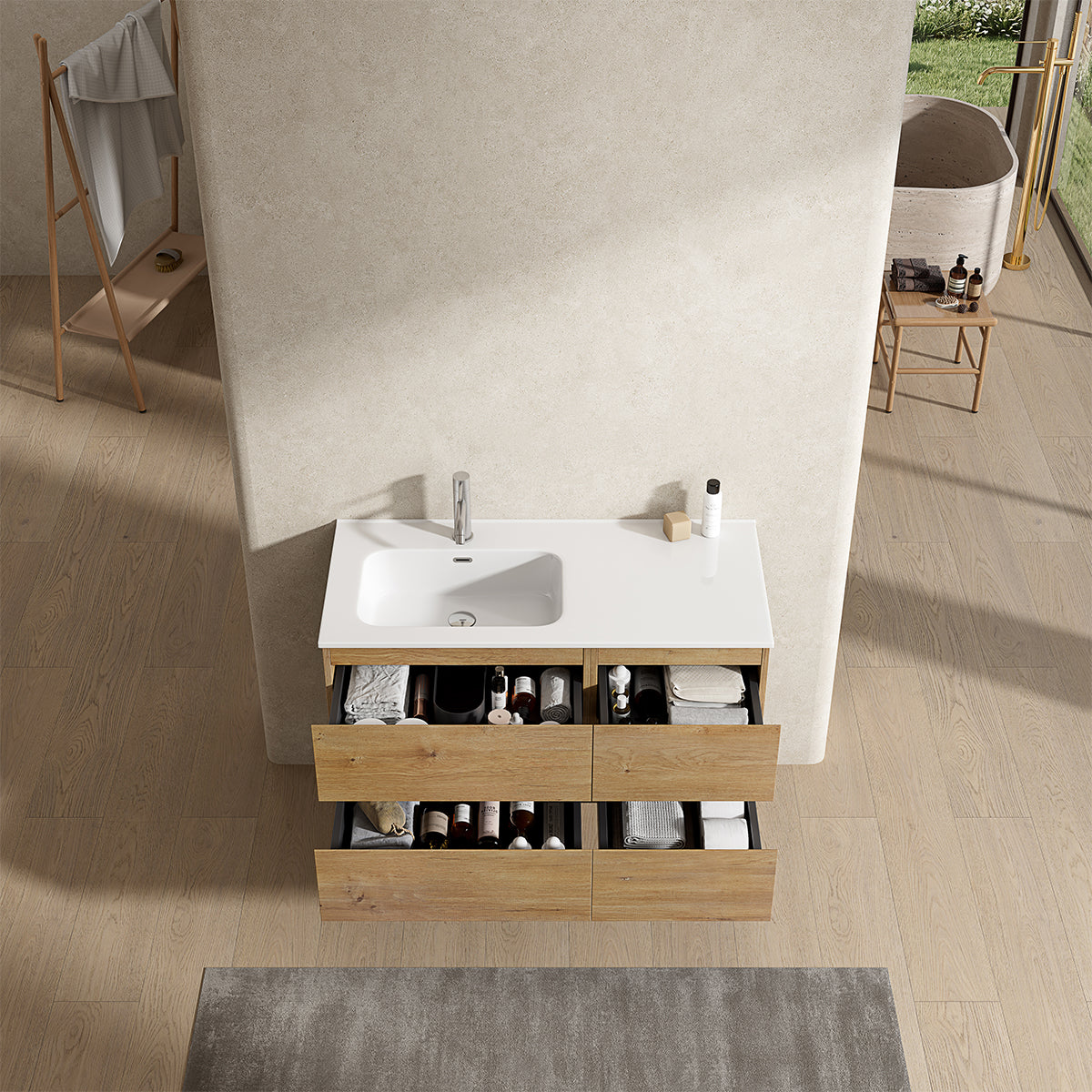 Mobile bagno sospeso 100 cm Bruno Medio Lavabo a Sinistra in Ceramica Senza Specchio - Fiji Wood