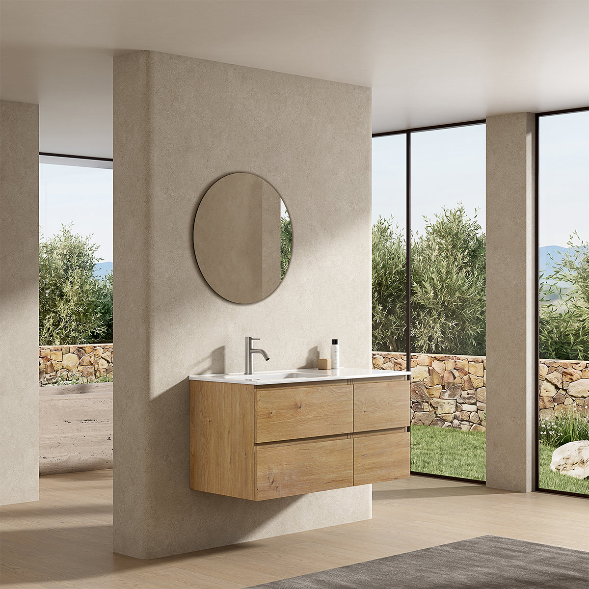 Mobile bagno sospeso 100 cm Bruno Medio Lavabo a Sinistra in Ceramica Specchio Tondo - Fiji Wood