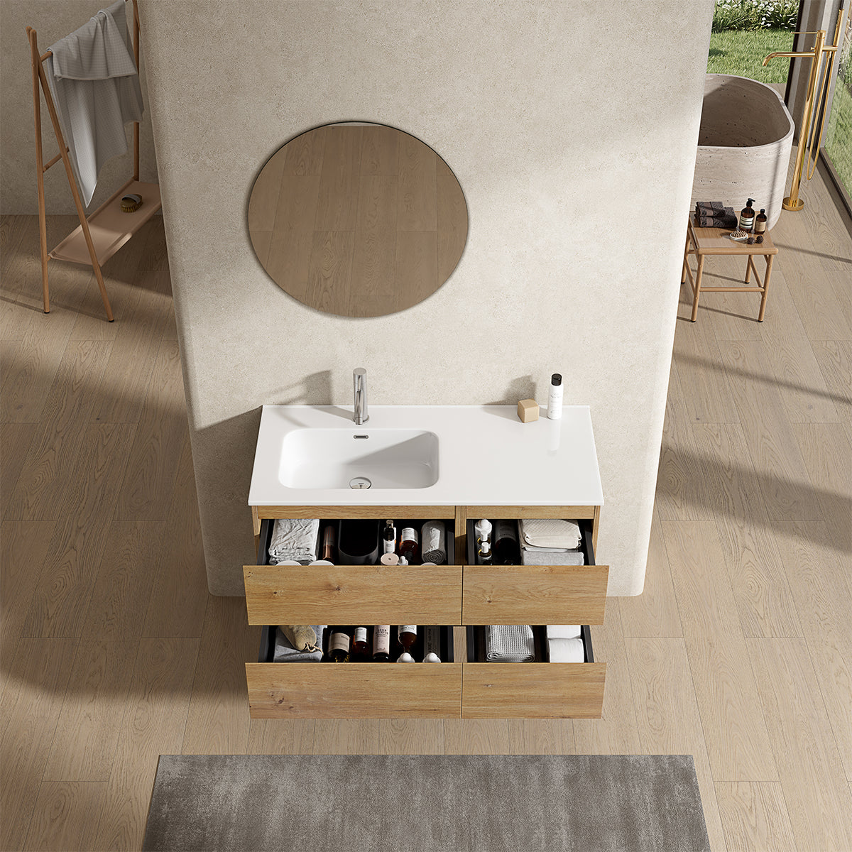 Mobile bagno sospeso 100 cm Bruno Medio Lavabo a Sinistra in Ceramica Specchio Tondo - Fiji Wood
