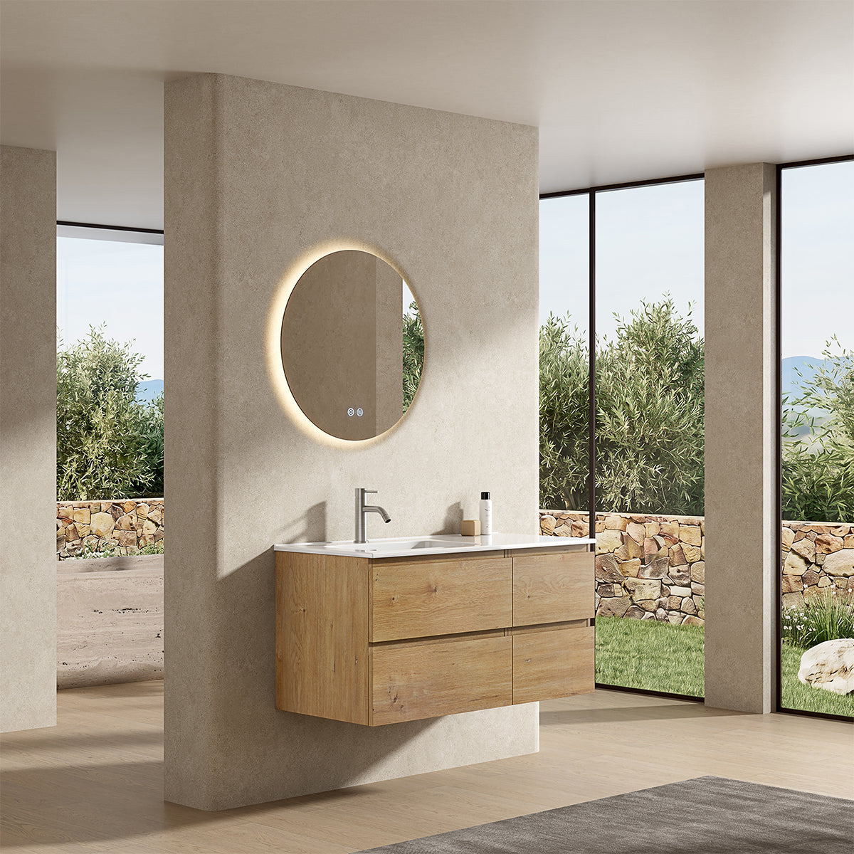 Mobile bagno sospeso 100 cm Bruno Medio Lavabo a Sinistra in Ceramica Specchio Tondo Retroilluminato - Fiji Wood