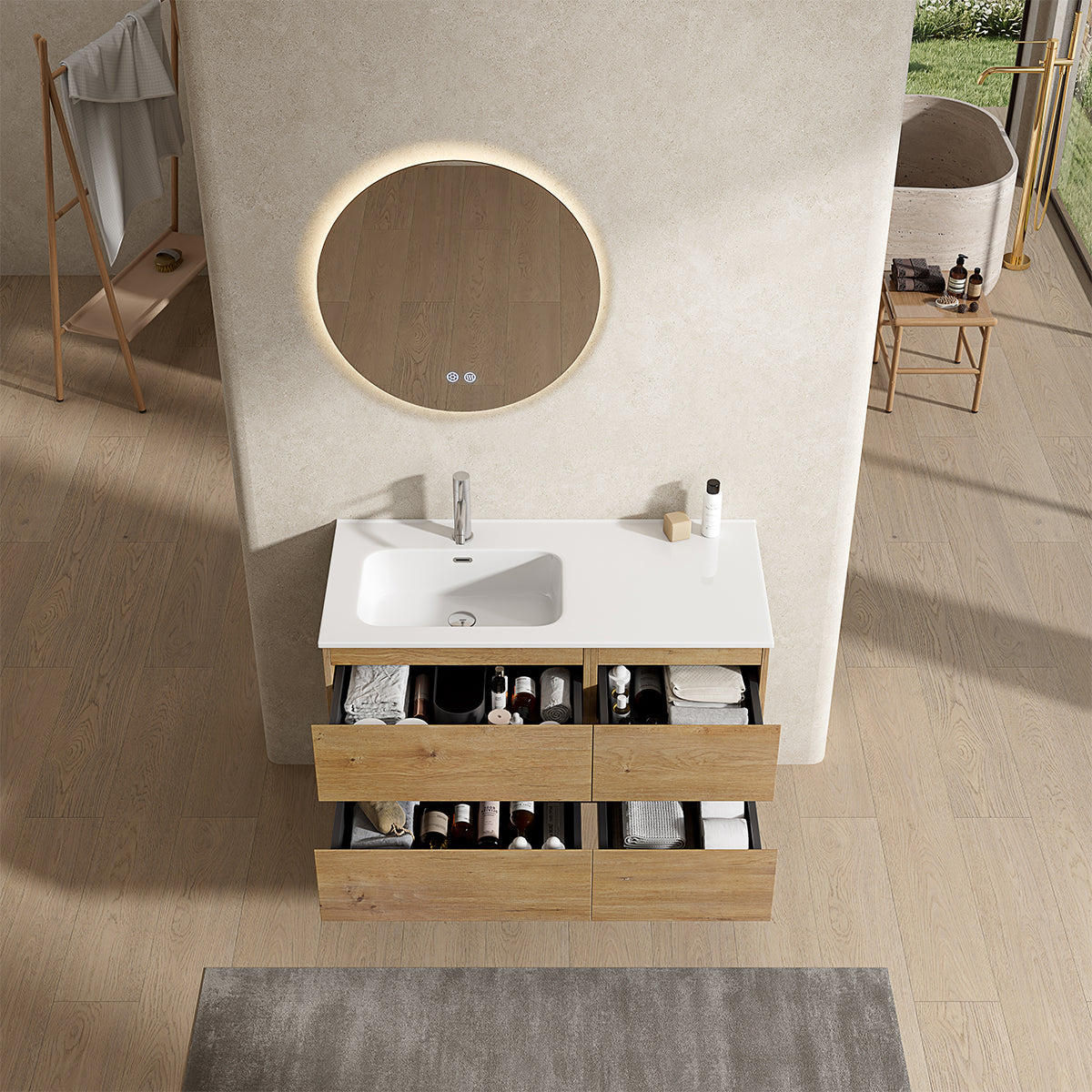 Mobile bagno sospeso 100 cm Bruno Medio Lavabo a Sinistra in Ceramica Specchio Tondo Retroilluminato - Fiji Wood