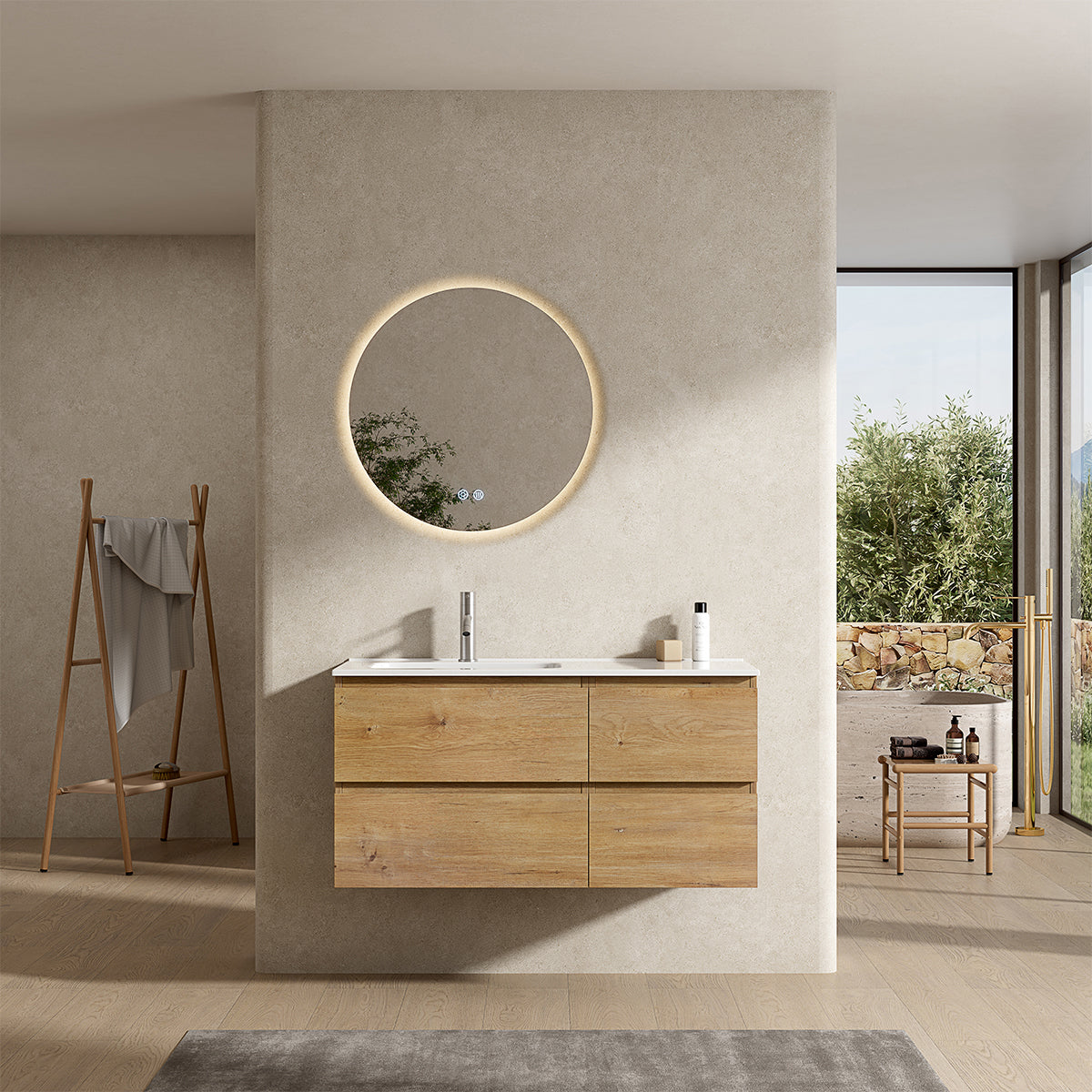 Mobile bagno sospeso 100 cm Bruno Medio Lavabo a Sinistra in Ceramica Specchio Tondo Retroilluminato - Fiji Wood