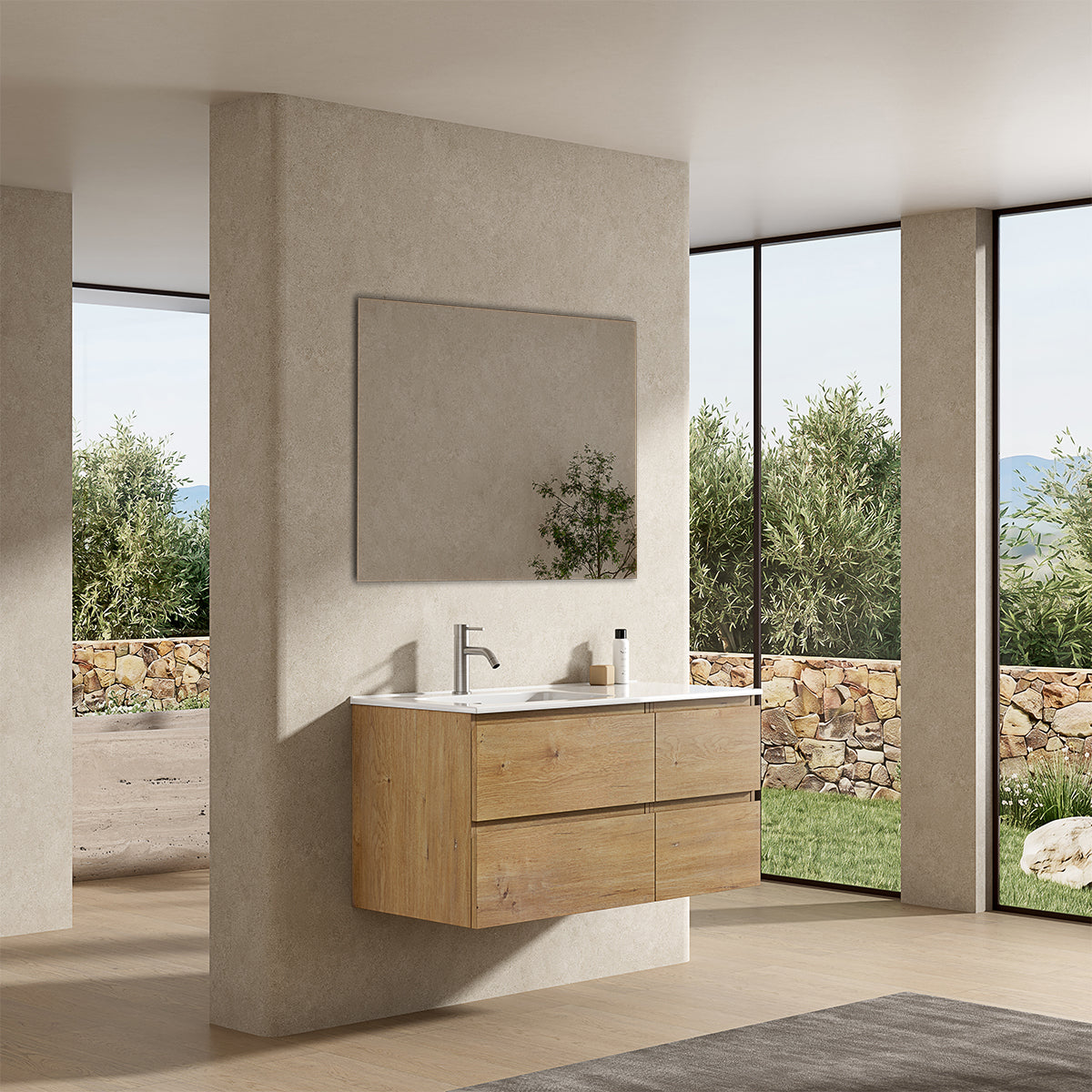 Mobile bagno sospeso 100 cm Bruno Medio Lavabo a Sinistra in Ceramica Specchio Quadro - Fiji Wood