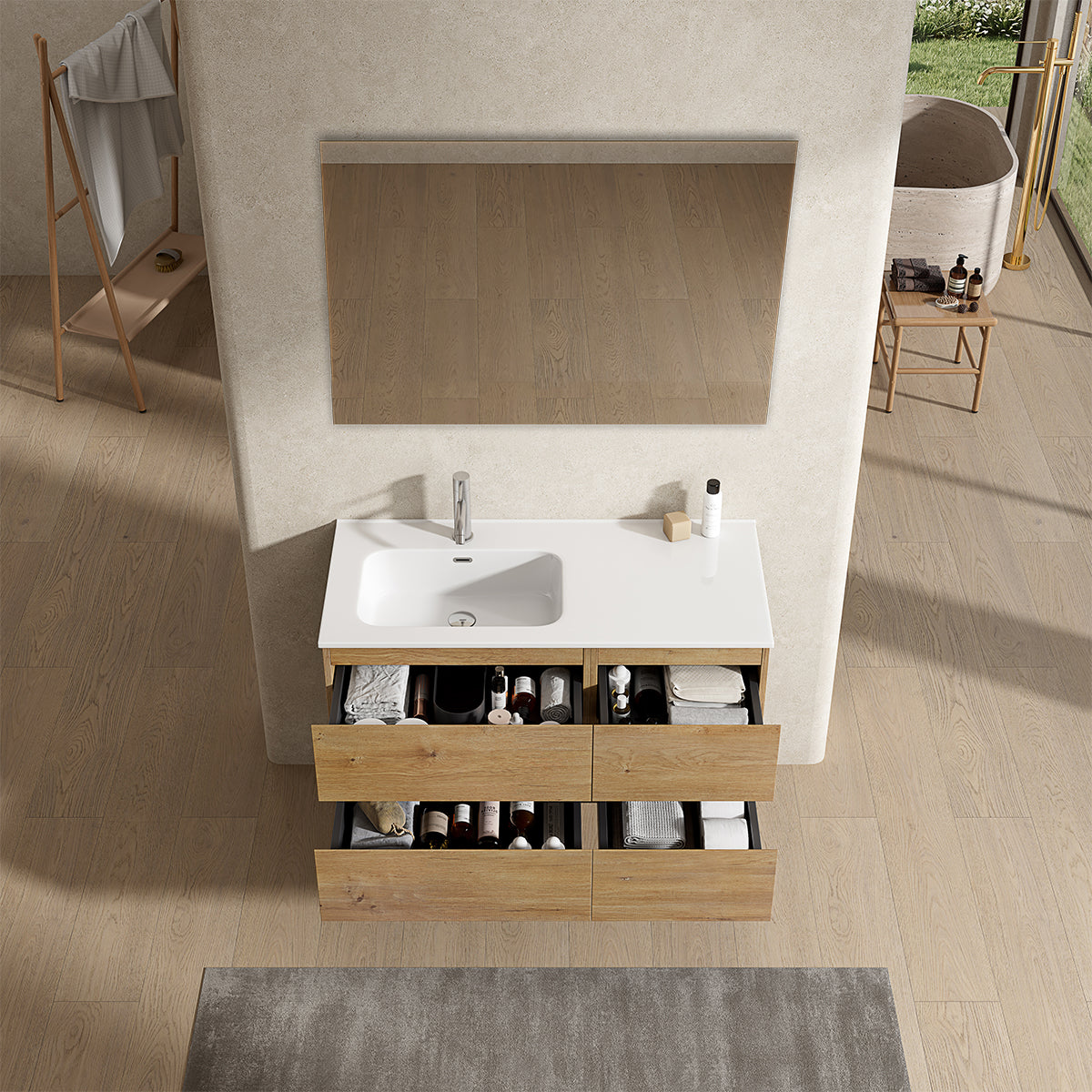 Mobile bagno sospeso 100 cm Bruno Medio Lavabo a Sinistra in Ceramica Specchio Quadro - Fiji Wood