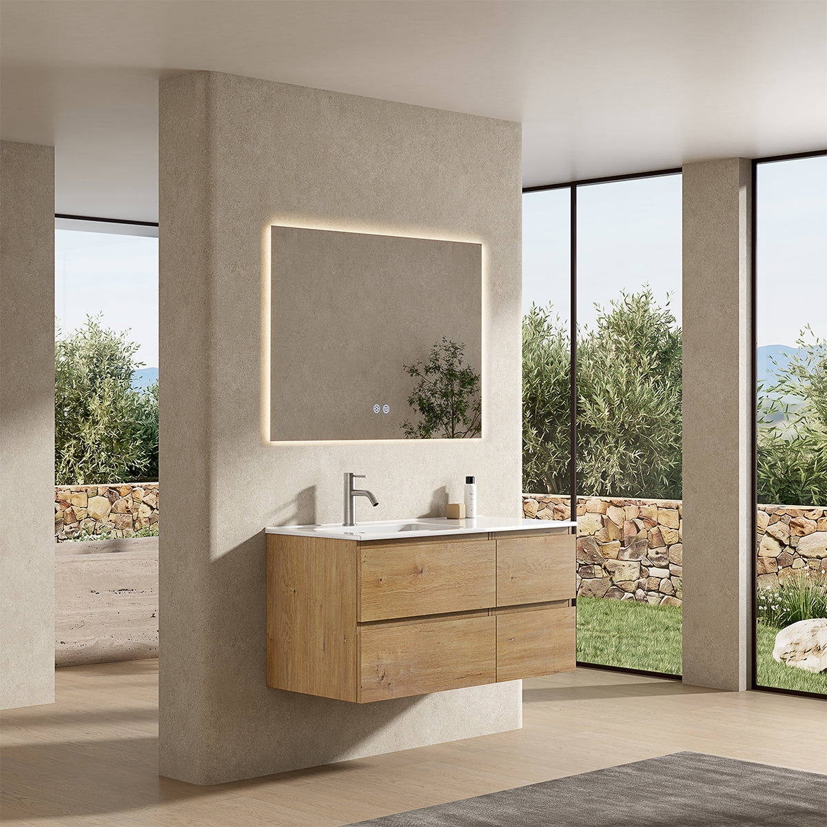 Mobile bagno sospeso 100 cm Bruno Medio Lavabo a Sinistra in Ceramica Specchio Quadro Retroilluminato - Fiji Wood