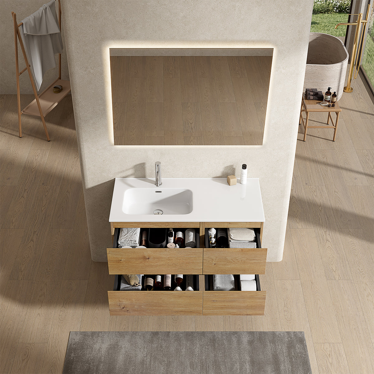 Mobile bagno sospeso 100 cm Bruno Medio Lavabo a Sinistra in Ceramica Specchio Quadro Retroilluminato - Fiji Wood