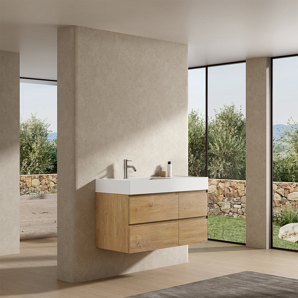 Mobile bagno sospeso 100 cm Bruno Medio Lavabo a Sinistra in Resina Senza Specchio - Fiji Wood