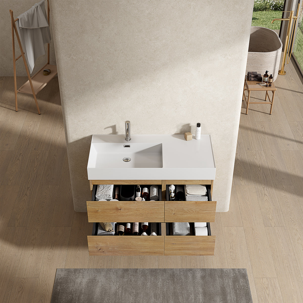Mobile bagno sospeso 100 cm Bruno Medio Lavabo a Sinistra in Resina Senza Specchio - Fiji Wood