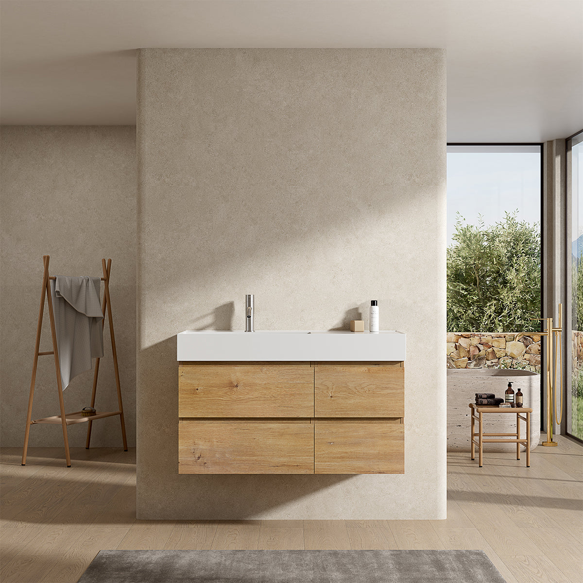 Mobile bagno sospeso 100 cm Bruno Medio Lavabo a Sinistra in Resina Senza Specchio - Fiji Wood
