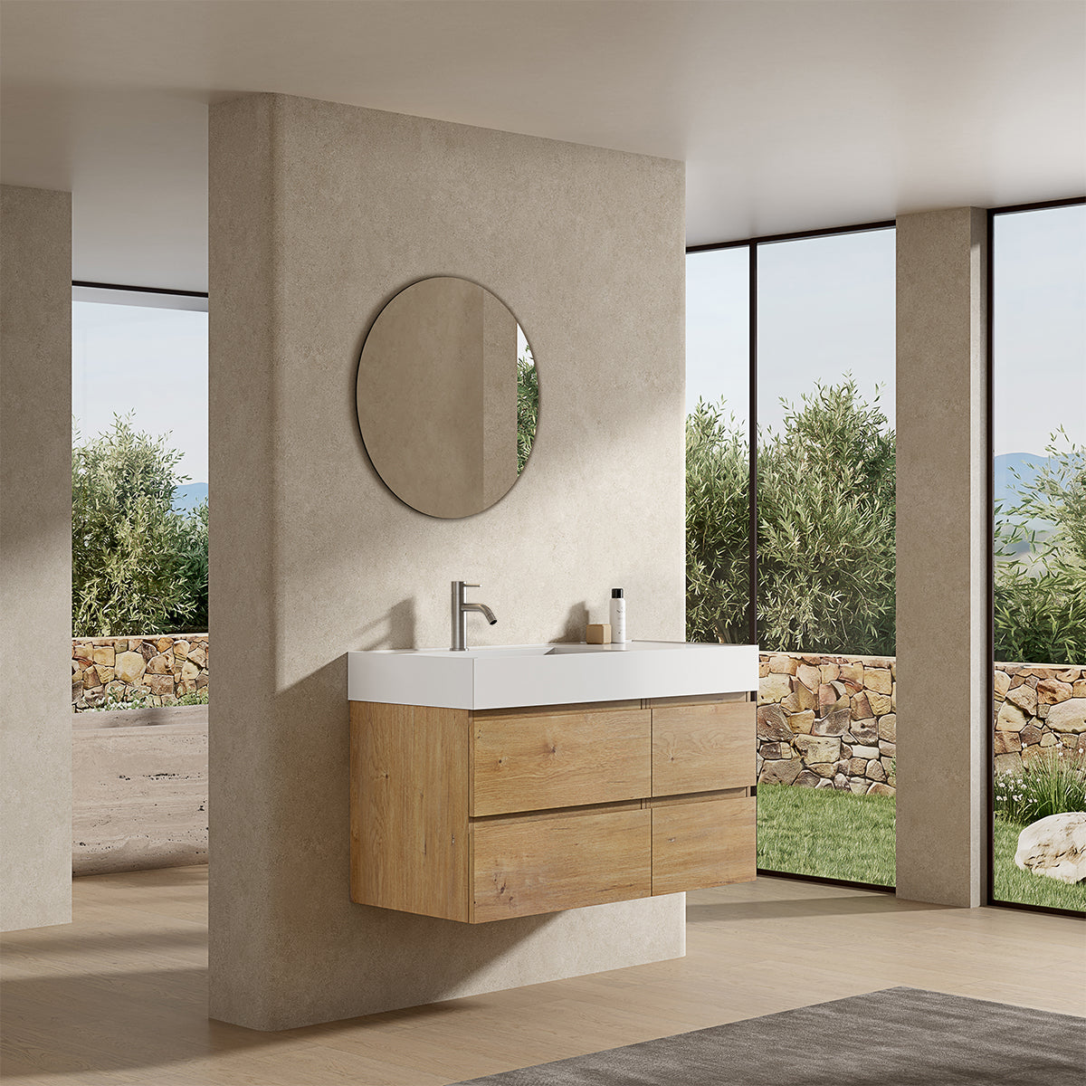Mobile bagno sospeso 100 cm Bruno Medio Lavabo a Sinistra in Resina Specchio Tondo - Fiji Wood