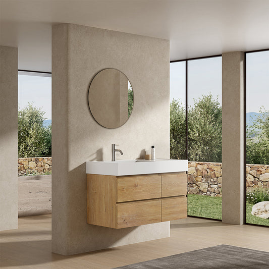 Mobile bagno sospeso 100 cm Bruno Medio Lavabo a Sinistra in Resina Specchio Tondo - Fiji Wood