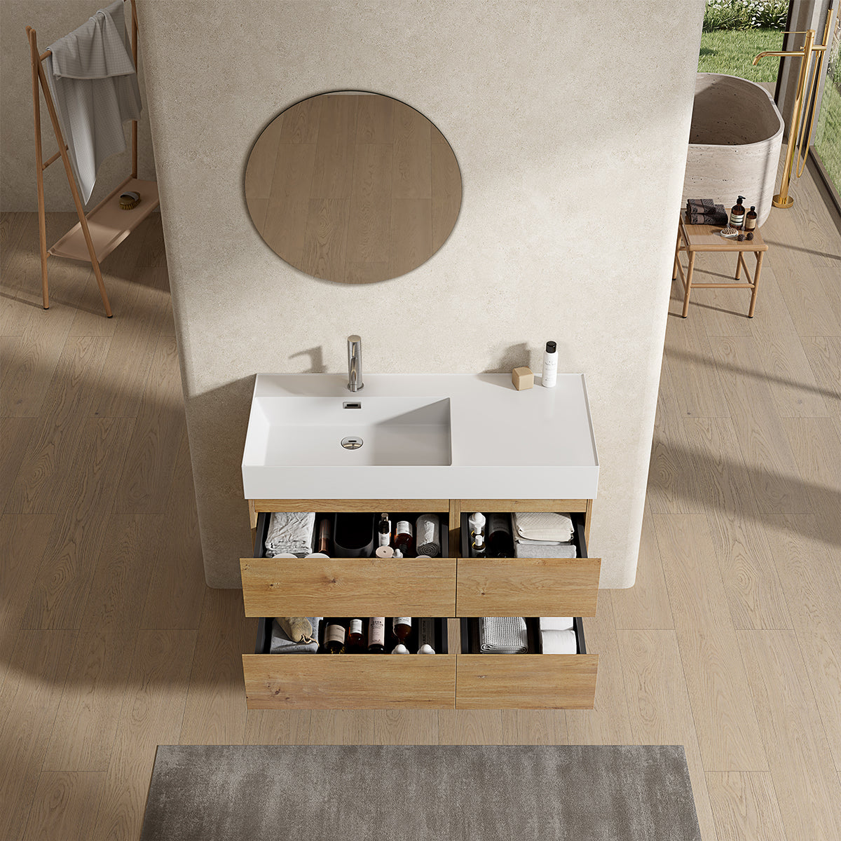 Mobile bagno sospeso 100 cm Bruno Medio Lavabo a Sinistra in Resina Specchio Tondo - Fiji Wood