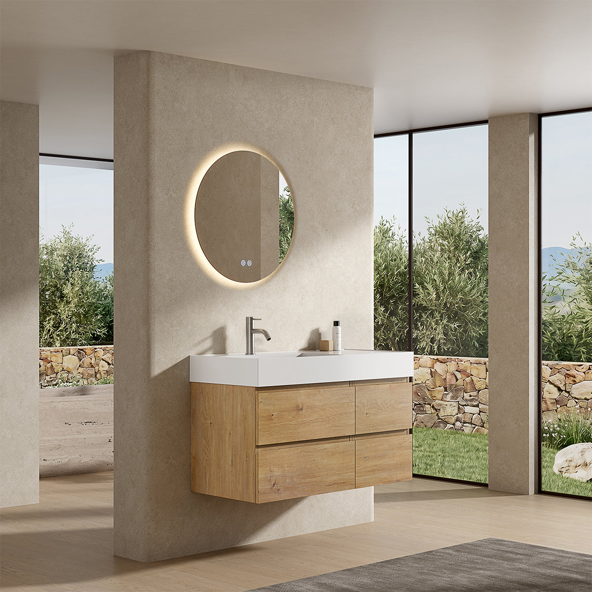 Mobile bagno sospeso 100 cm Bruno Medio Lavabo a Sinistra in Resina Specchio Tondo Retroilluminato - Fiji Wood