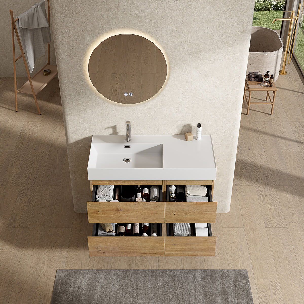 Mobile bagno sospeso 100 cm Bruno Medio Lavabo a Sinistra in Resina Specchio Tondo Retroilluminato - Fiji Wood
